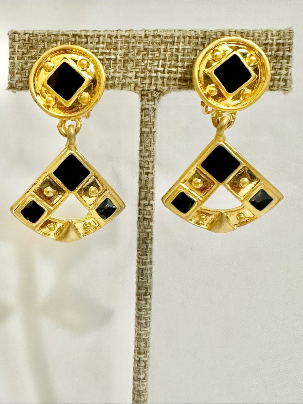 Vintage Gold Plated Black Enamel Geometric Drop Earrings